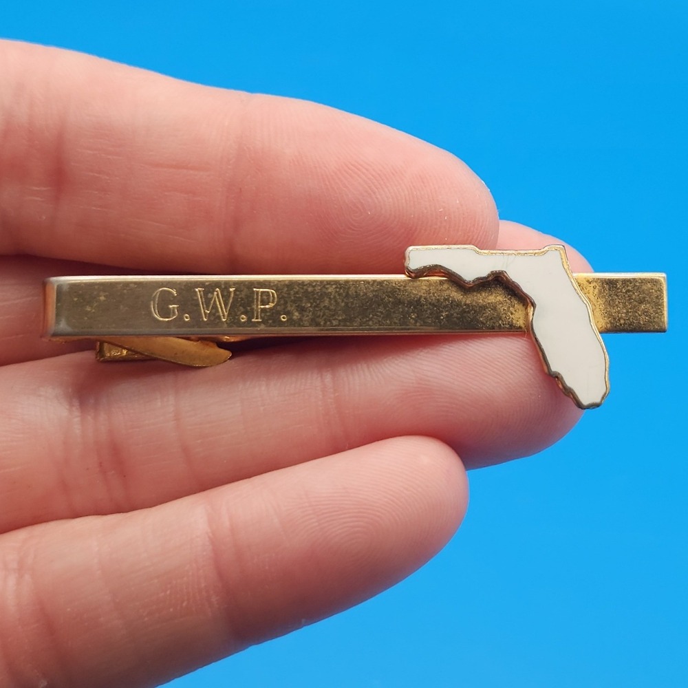 Vintage Linder Florida Enamel Tie Clip and Gold Tone Striped Tie Bar Set Mens